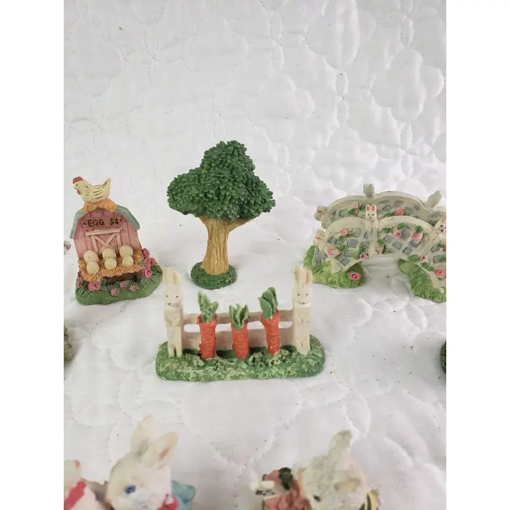 Vintage Easter Bunny Village Figurines Garden Accessories Spring Decor 8 Pcs
